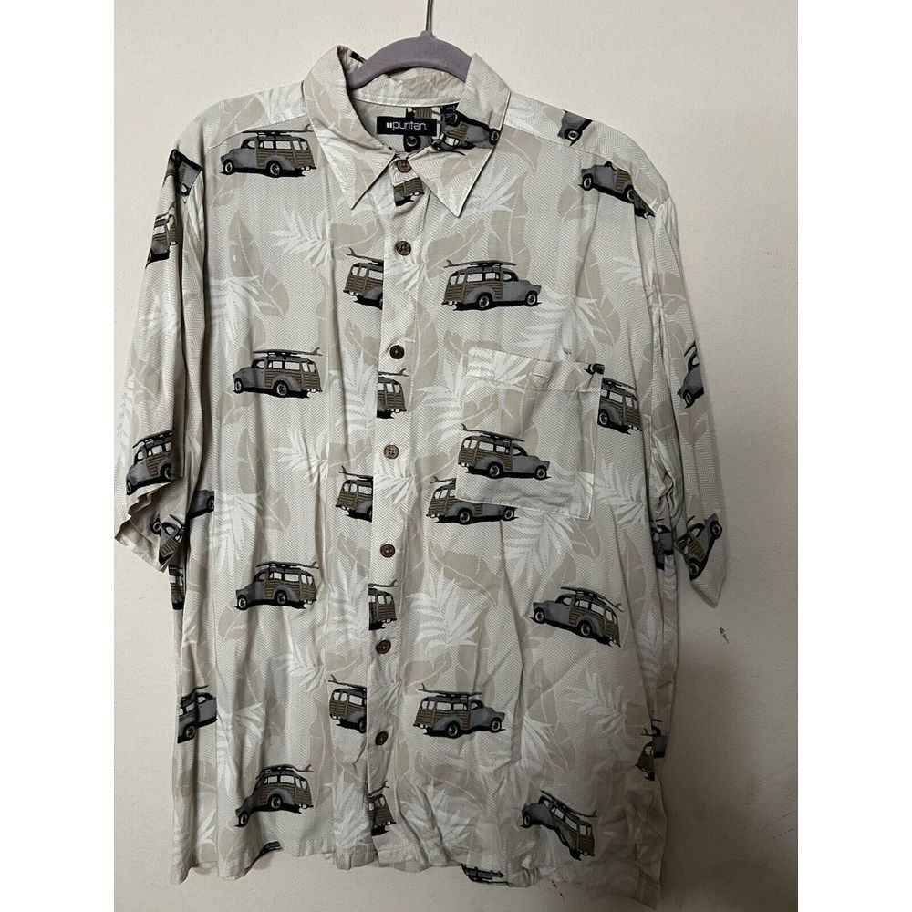 Men's Puritan Hawaiian Aloha Wood Jeep Shirt Short Sleeve Surf White Size L